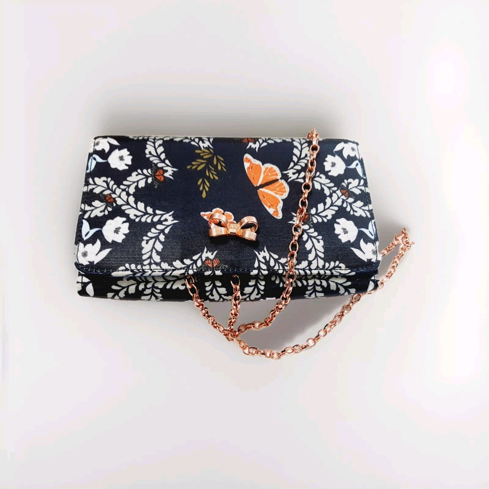 Ted Baker Bag Blue Floral Clutch Evening Purse Gold Tone Chain Bow NEW 7x4